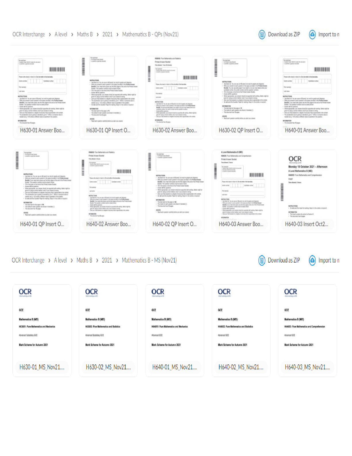 Preview image for A Level Advanced GCE. MATHS B Question Papers and Mark Schemes. October 2021 ( BUNDLE Contains 16 PDF File Download).
